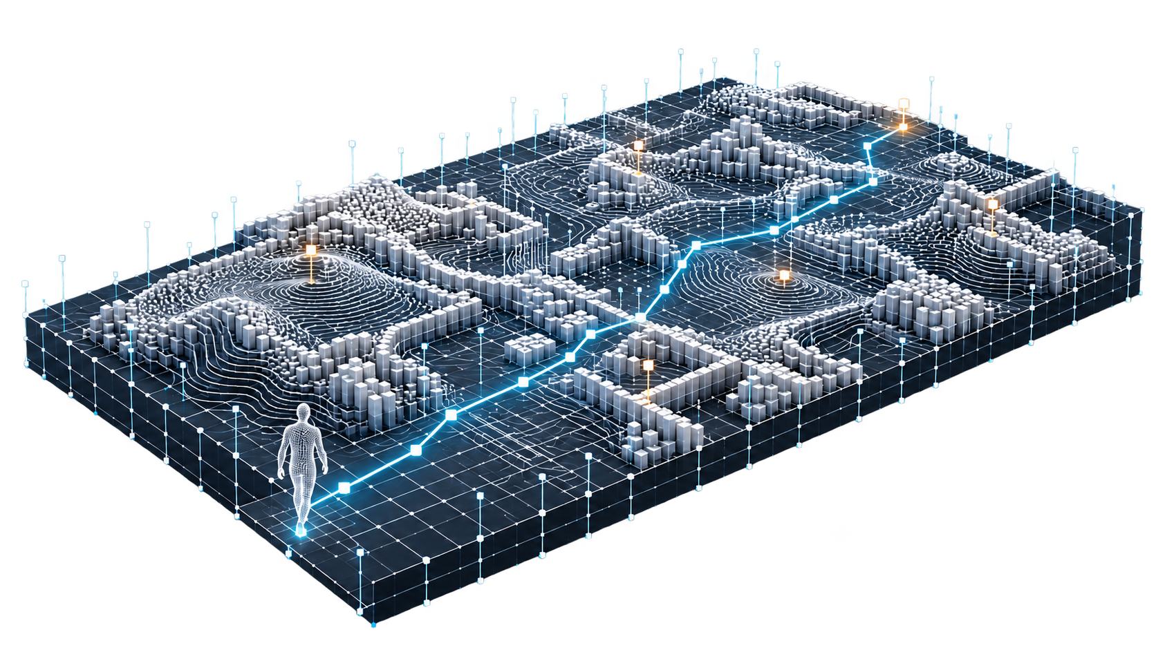 Three simulation panels showing alternate timing paths with computational human models and metric shifts.