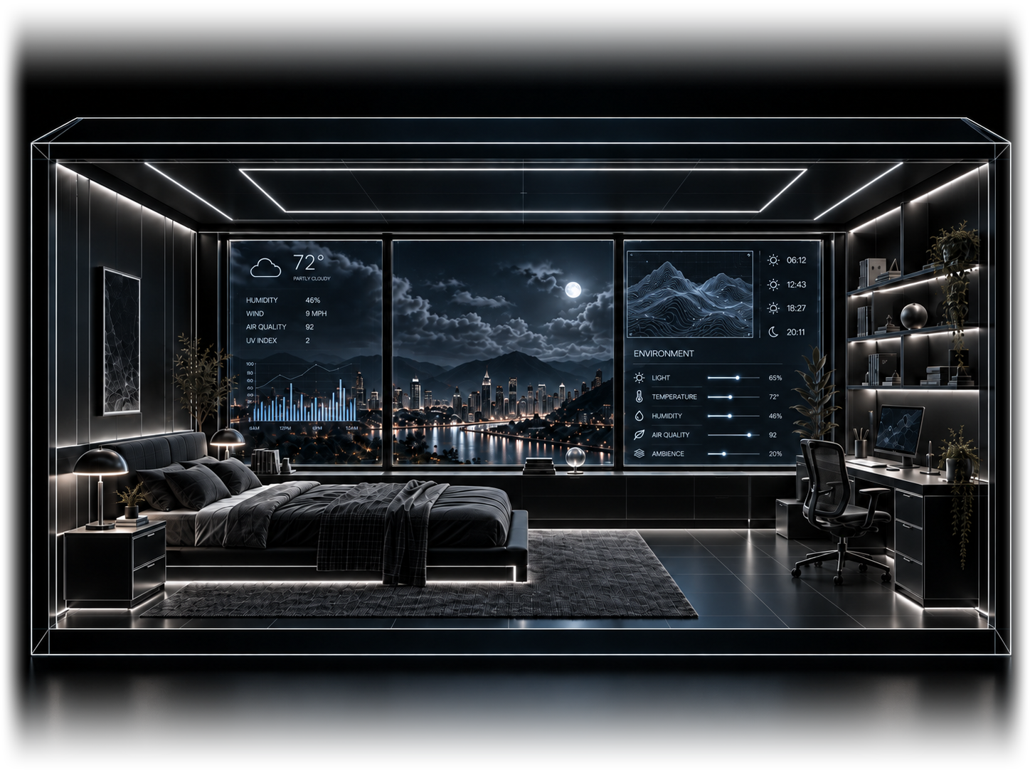 A simulated bedroom and workspace inside a glass frame, with live environment readouts for light, temperature, humidity and air quality.